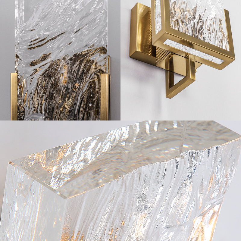 Brass Armed Wall Lighting Traditionary Metal 1 Bulb Sconce Light Fixture with Rectangle Crystal