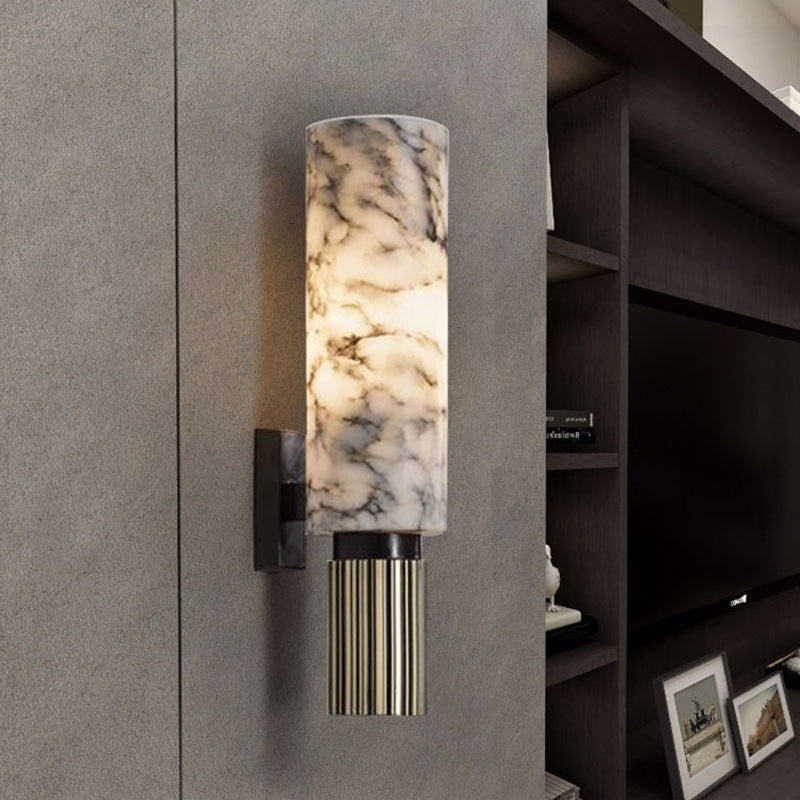 Cylinder Metal Sconce Light Traditional 1 Head Nickel Wall Lighting Fixture with Marble Shade