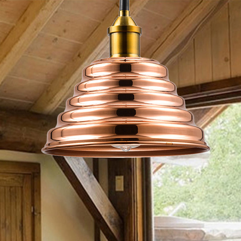 Ribbed Cone Shade Ceiling Lighting Modern Metal 1 Light Rose Gold Bedroom Hanging Pendant Light