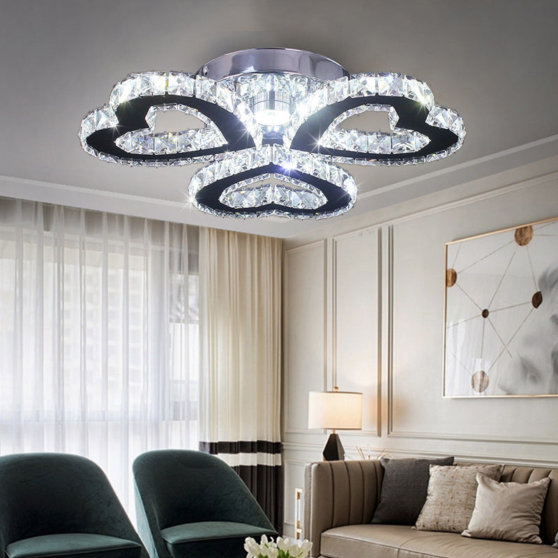 Stainless Steel Heart Shaped Semi Flush Minimalist Crystal LED Ceiling Light for Bedroom