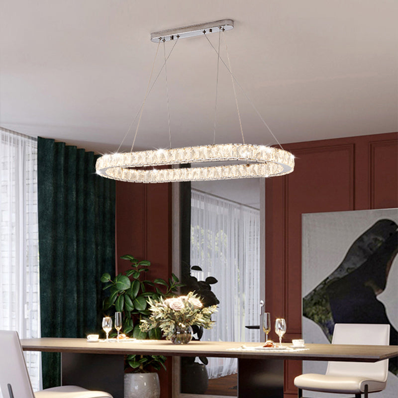 Minimalist Oblong LED Hanging Light Crystal Dining Room Chandelier Pendant in Chrome