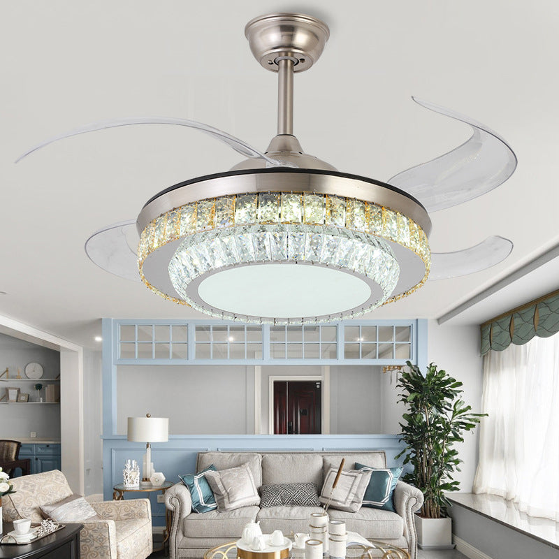 42 "breites 2-Tier-Kristall Semi Flush Mount Moderne Silber-LED-Deckenventilatorlicht mit 4-Blatt und Fernbedienung