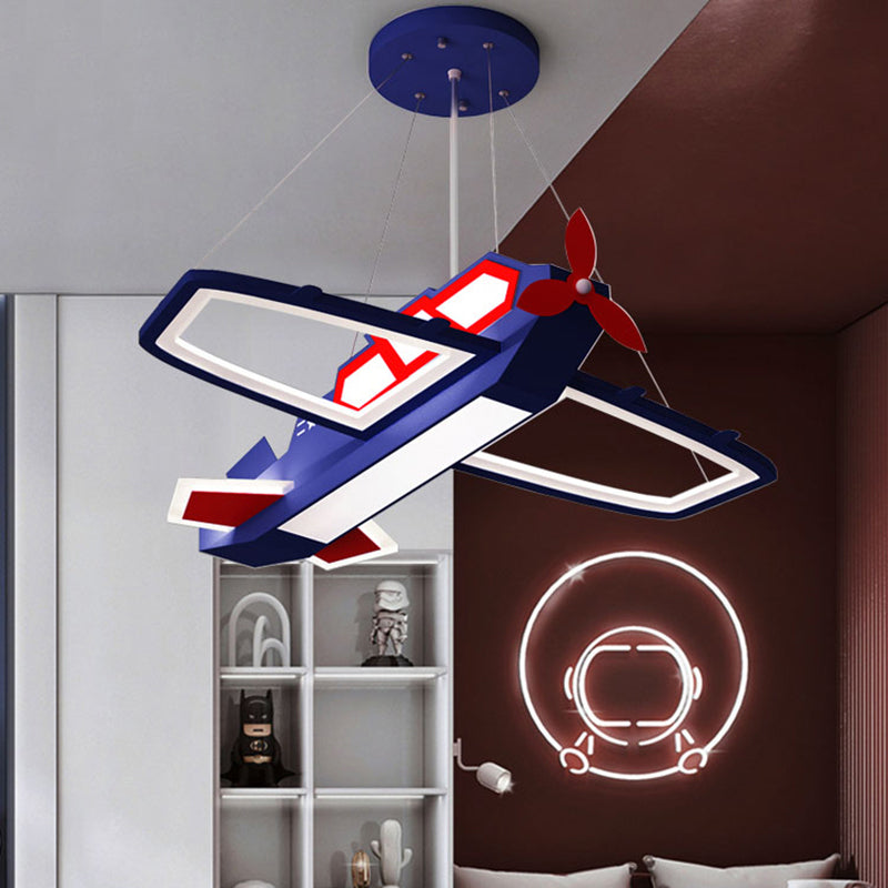 Dark Blue Plane Pendant Lighting Fixture Childrens LED Metal Chandelier for Bedroom