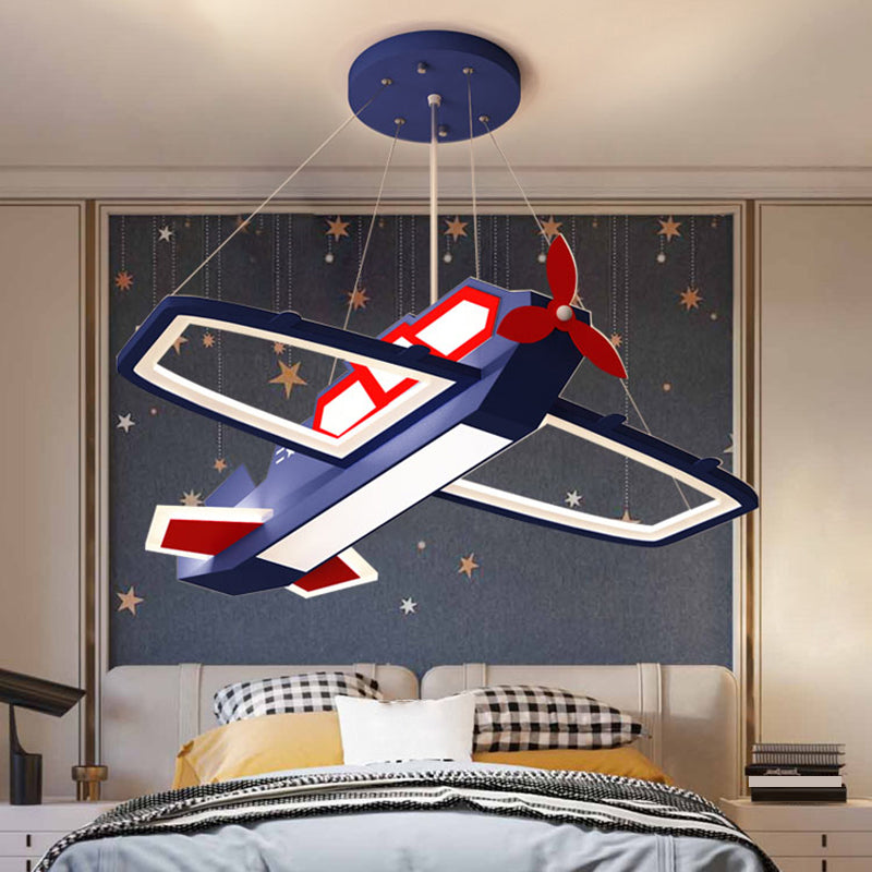 Dark Blue Plane Pendant Lighting Fixture Childrens LED Metal Chandelier for Bedroom