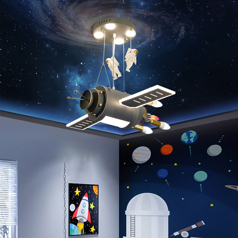 Grey Spacecraft LED Chandelier Cartoon Metal Hanging Pendant Light for Kids Bedroom