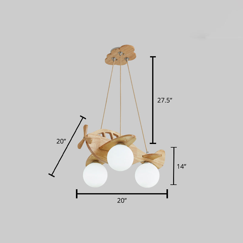 Carton Cartoon 3-Light Chandelier Beige Hélicoptère Pendard Éclairage avec une teinte en verre blanc à balle