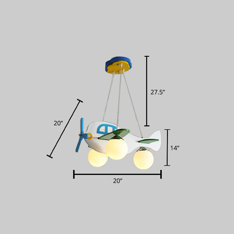 Carton Cartoon 3-Light Chandelier Beige Hélicoptère Pendard Éclairage avec une teinte en verre blanc à balle