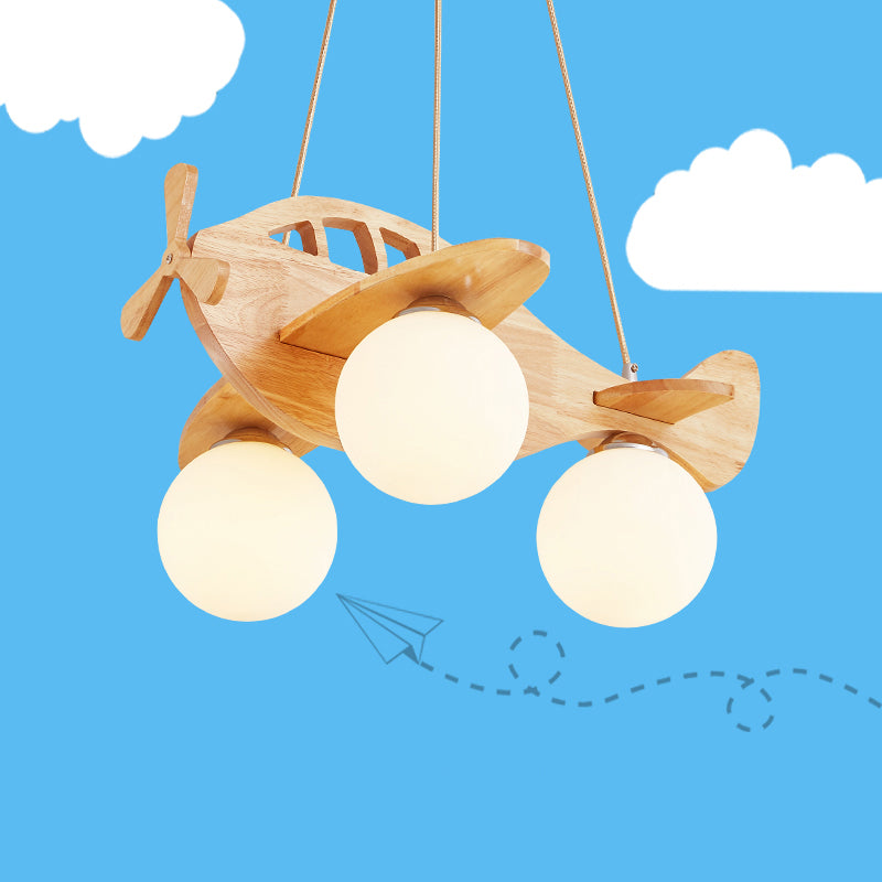 Cartoon 3-Light Chandelier Beige Helicopter Pendant Lighting with Ball White Glass Shade