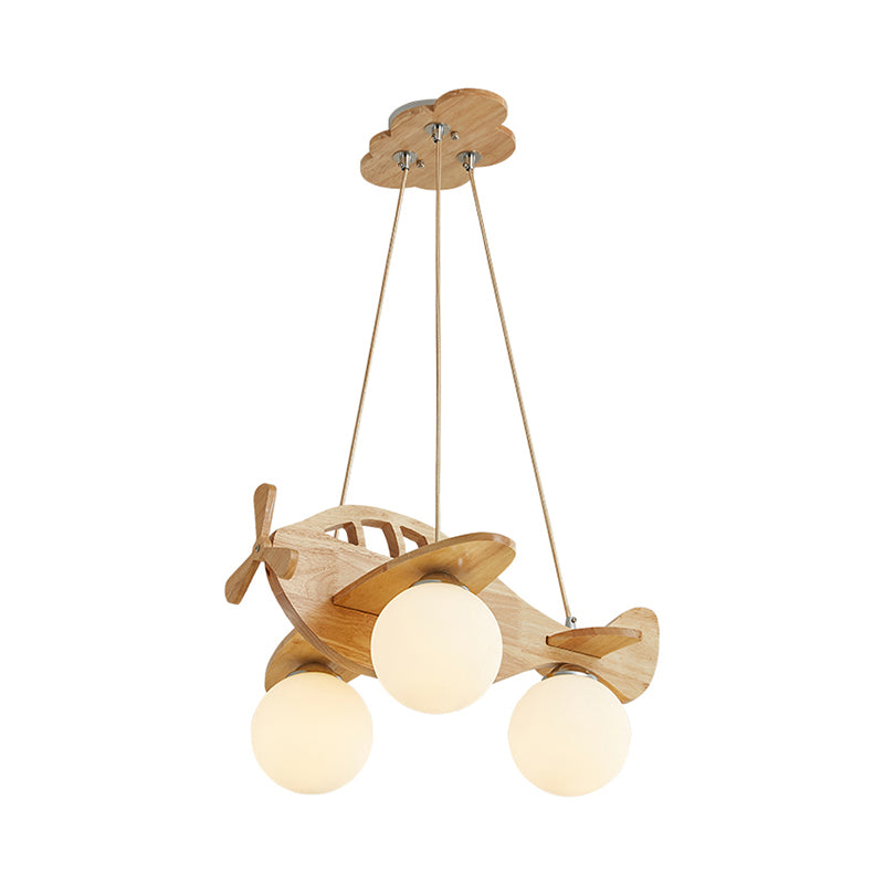 Cartoon 3-Light Chandelier Beige Helicopter Pendant Lighting with Ball White Glass Shade