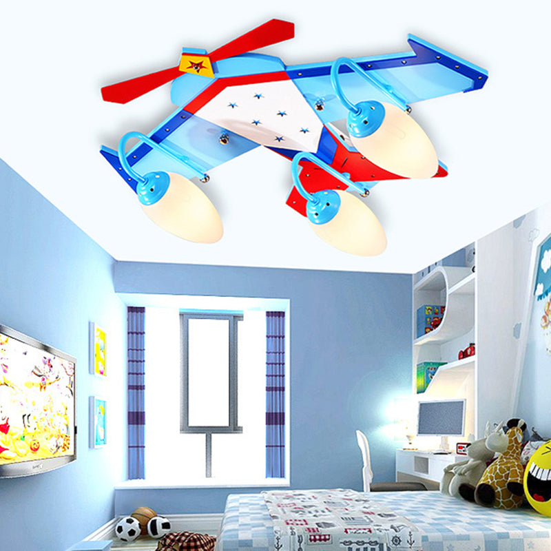 Wooden Plane Flush Ceiling Light Kids Blue Flush Mount Fixture with Oval Cream Glass Shade