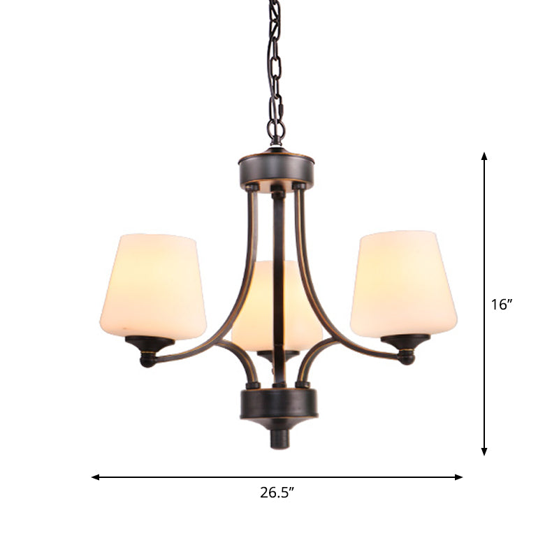 Conical Up Chandelier Rustic Gold-Black Ivory Glass Hanging Light for Living Room