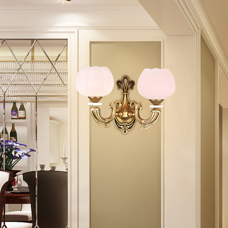 Flower Shaped Foyer Wall Lamp Traditional Opal Glass Bronze Finish Wall Mounted Light