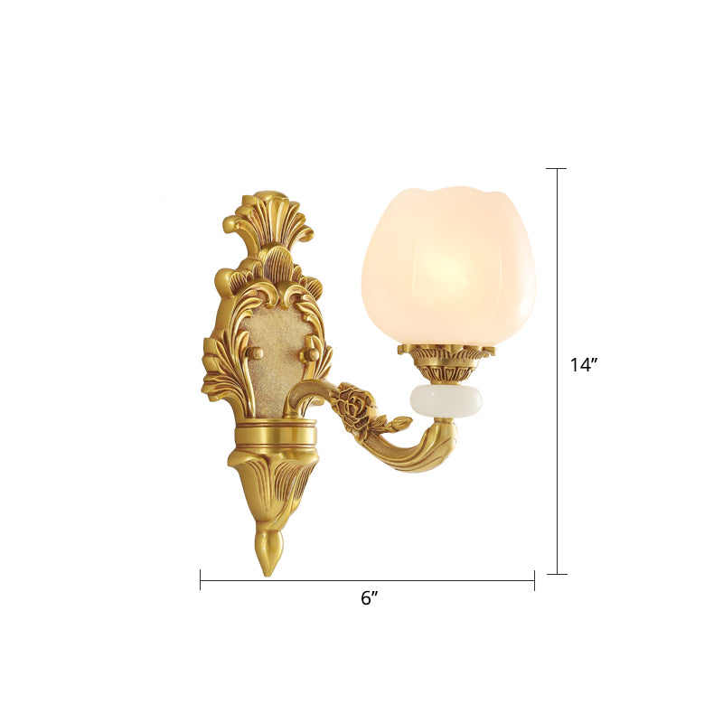 Flower Shaped Foyer Wall Lamp Traditional Opal Glass Bronze Finish Wall Mounted Light