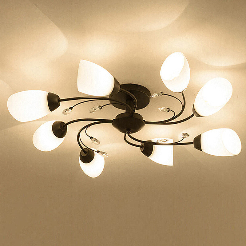 Floral Swirl Ceiling Light Fixture Rustic Black Opal Glass Semi Flush Light for Living Room