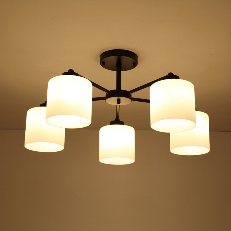 Cylinder Shaped Bedroom Ceiling Lighting Rustic Opal Glass Black Finish Chandelier Light