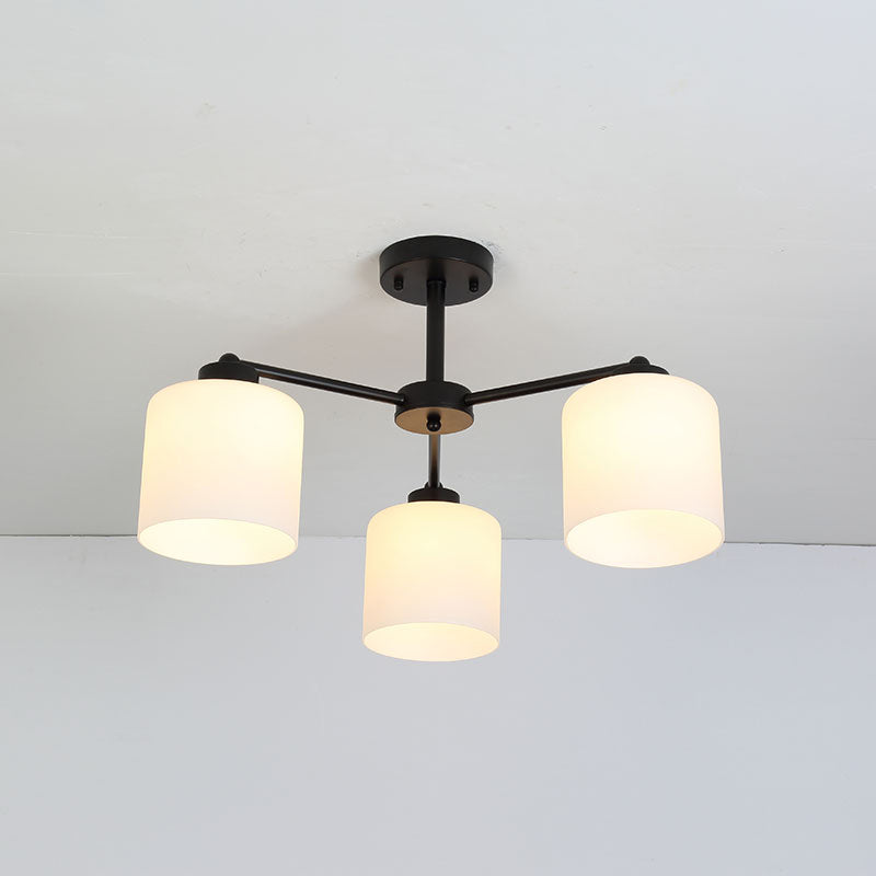 Cylinder Shaped Bedroom Ceiling Lighting Rustic Opal Glass Black Finish Chandelier Light
