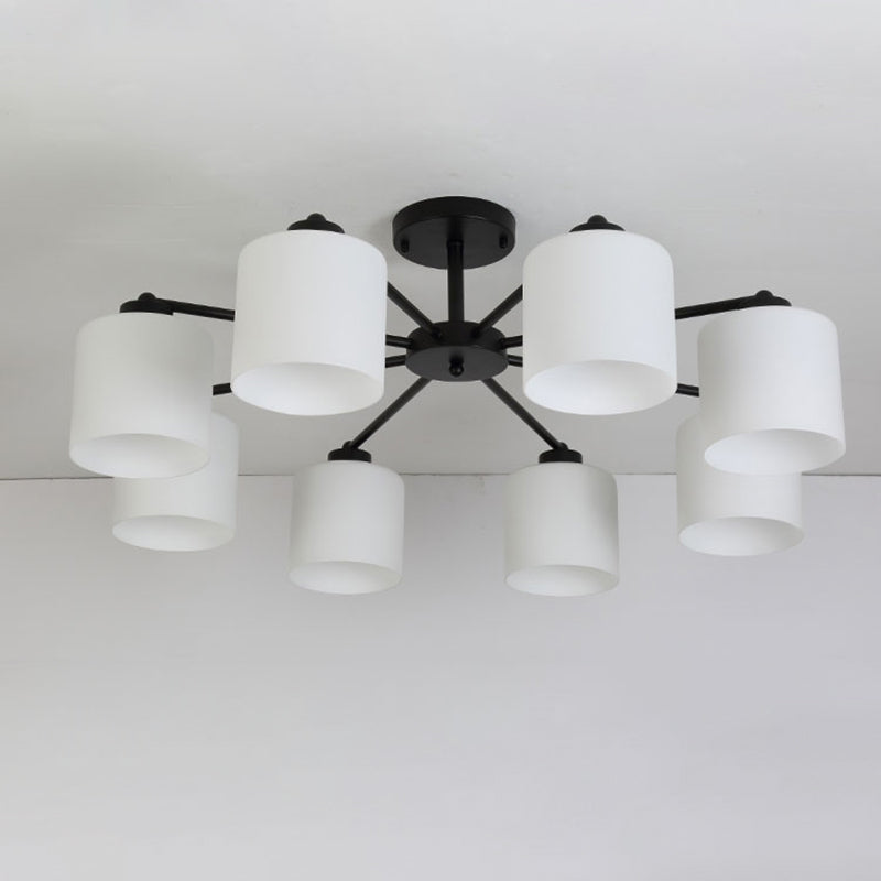 Cylinder Shaped Bedroom Ceiling Lighting Rustic Opal Glass Black Finish Chandelier Light