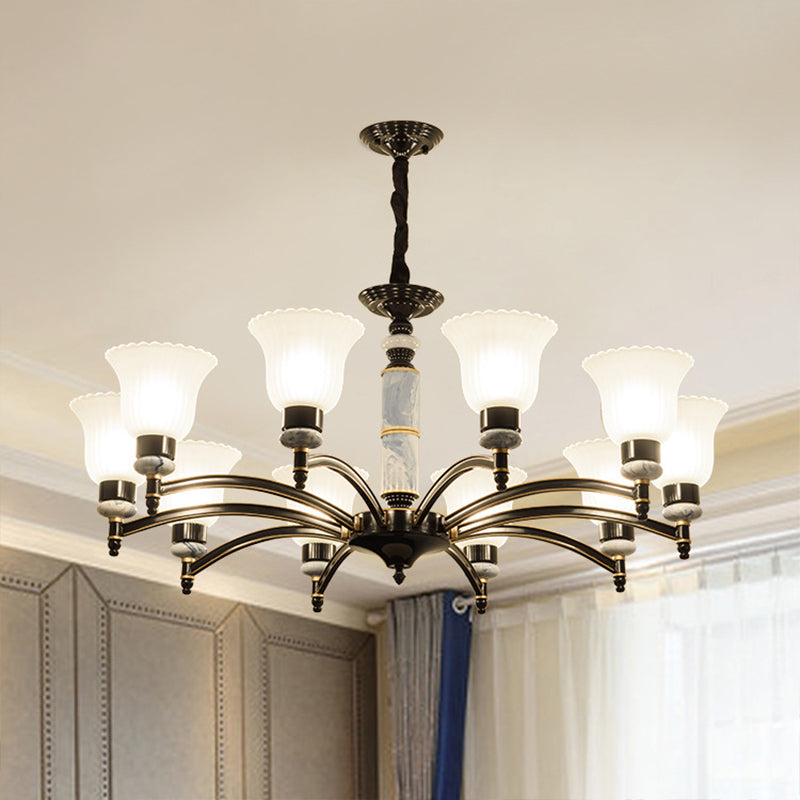 Ribbed Frosted Glass Flared Chandelier Vintage Bedroom Pendant Light with Scalloped Edge in Black