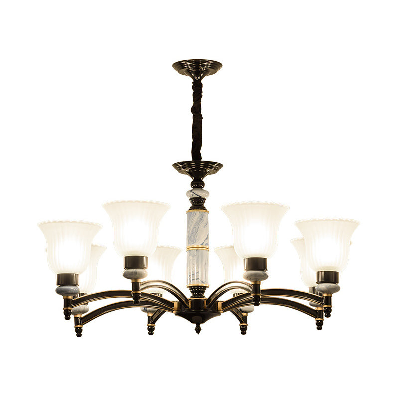 Ribbed Frosted Glass Flared Chandelier Vintage Bedroom Pendant Light with Scalloped Edge in Black
