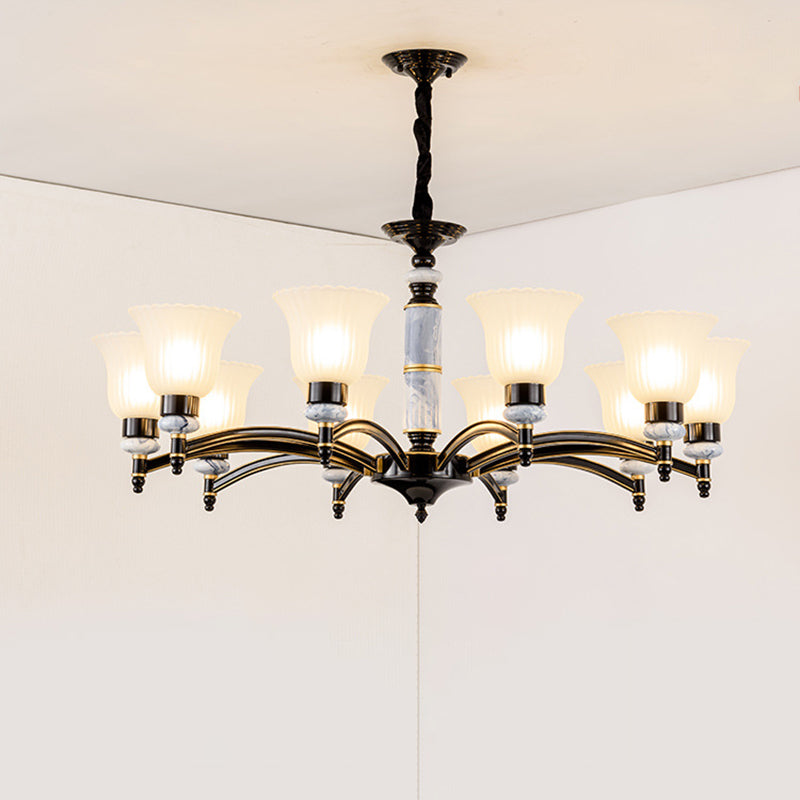 Ribbed Frosted Glass Flared Chandelier Vintage Bedroom Pendant Light with Scalloped Edge in Black