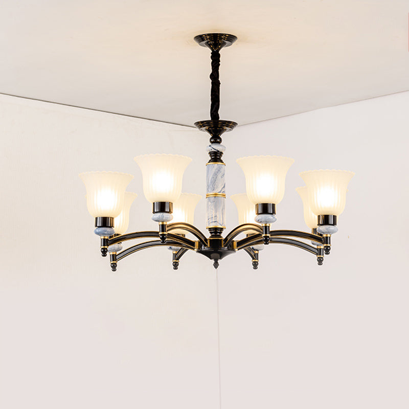 Ribbed Frosted Glass Flared Chandelier Vintage Bedroom Pendant Light with Scalloped Edge in Black