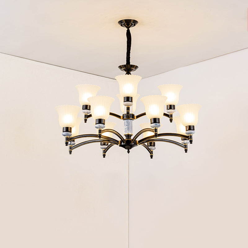 Ribbed Frosted Glass Flared Chandelier Vintage Bedroom Pendant Light with Scalloped Edge in Black