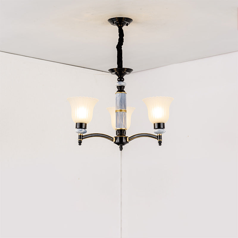 Ribbed Frosted Glass Flared Chandelier Vintage Bedroom Pendant Light with Scalloped Edge in Black