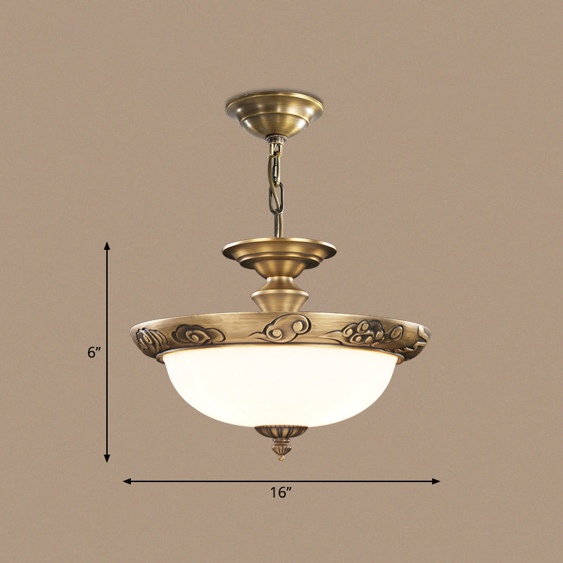 Bronze Bowl Suspension Light Antique Style White Glass Corridor Chandelier Pendant