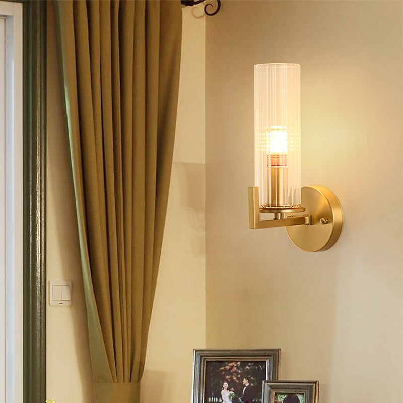 Single-Bulb Glass Wall Light Minimalist Gold Finish Cylindrical Foyer Wall Sconce Lamp