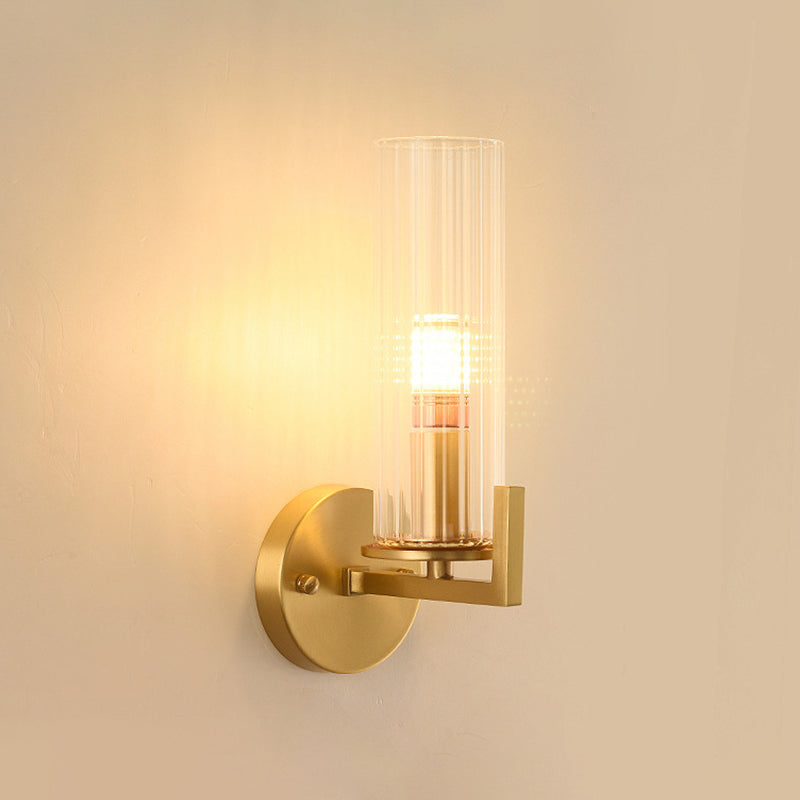 Single-Bulb Glass Wall Light Minimalist Gold Finish Cylindrical Foyer Wall Sconce Lamp
