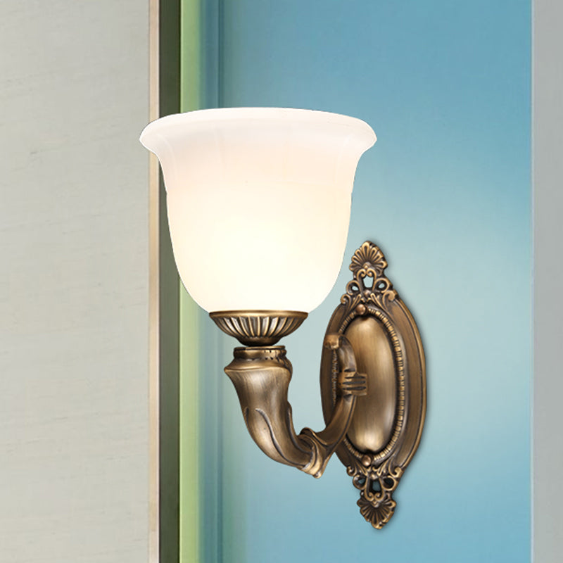 Retro Bell Wall Mounted Lamp 1-Bulb Ivory Glass Sconce Light Fixture in Bronze for Aisle