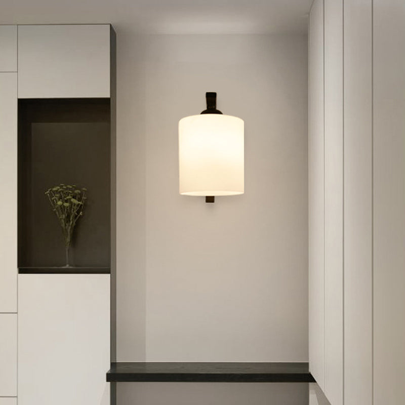 Cylindrical White Glass Wall Sconce Vintage 1 Head Aisle Wall Light with Curved Arm in Black