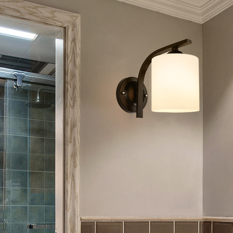 Cilindrische witte glazen wand SCONCE VINTAGE 1 HOOFDE AISLE WANDLICHT MET GEBROKT ARM IN ZWART