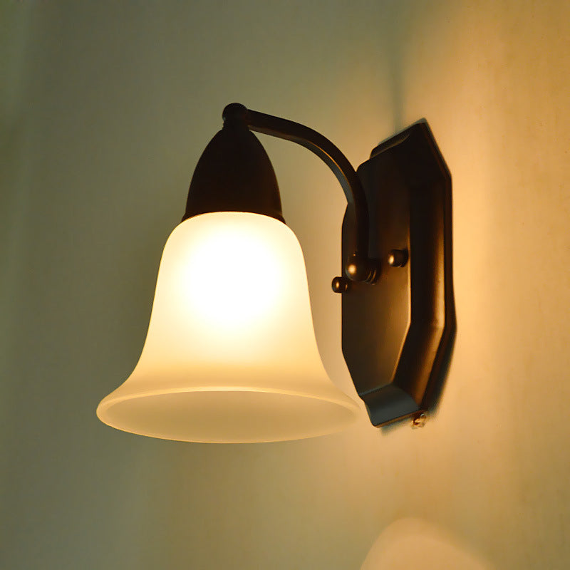 Frosted Glass Flared Wall Lamp Country Style Single Corridor Wall Light in Black