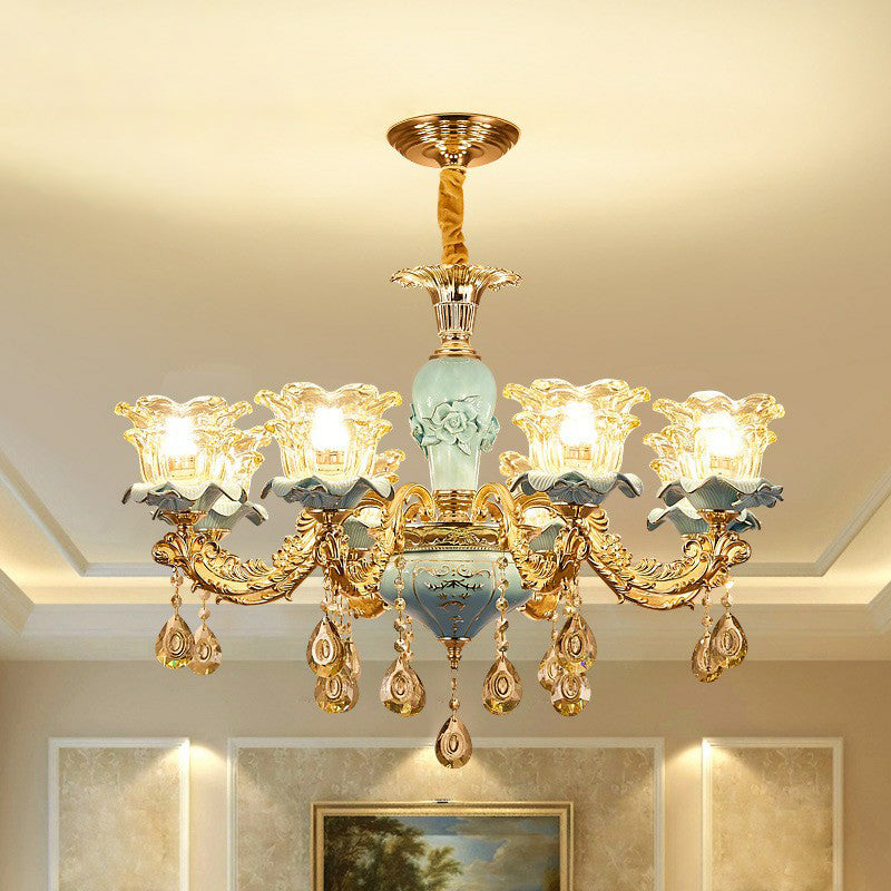 Blau geschichtete Blume auf Kronleuchter traditioneller klarer Kristallglas Schlafzimmer Suspension Licht