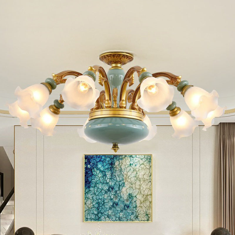 Flower Opal Frosted Glass Chandelier Vintage Living Room Hanging Light in Brown-Blue