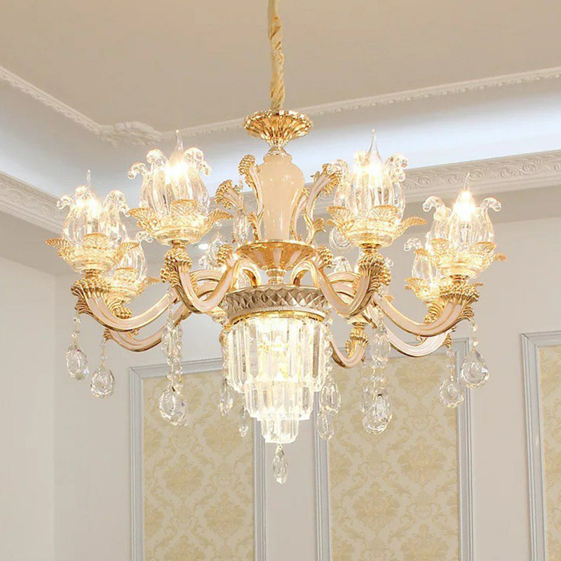 Opulentes Kristall Beige Deckenleichter Blütenförmiger traditioneller Kronleuchter für Esszimmer