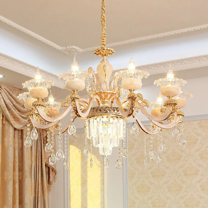 Opulentes Kristall Beige Deckenleichter Blütenförmiger traditioneller Kronleuchter für Esszimmer