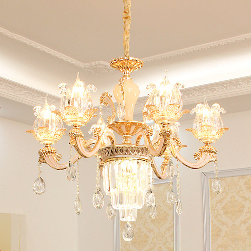 Opulentes Kristall Beige Deckenleichter Blütenförmiger traditioneller Kronleuchter für Esszimmer