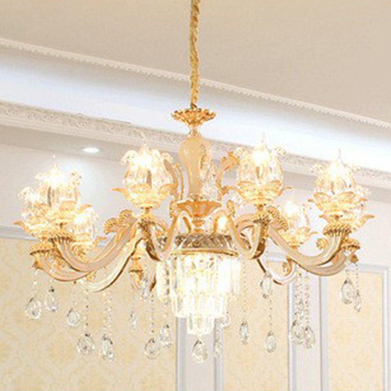 Opulentes Kristall Beige Deckenleichter Blütenförmiger traditioneller Kronleuchter für Esszimmer