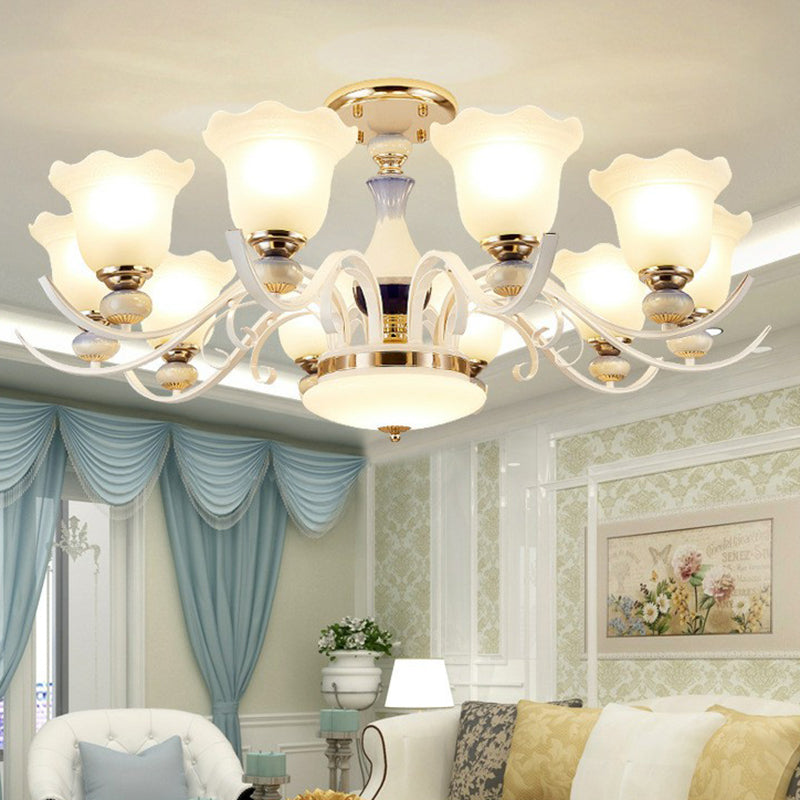 Hanging Chandelier Vintage Living Room Pendant Light with Flower Frosted Glass Shade in White