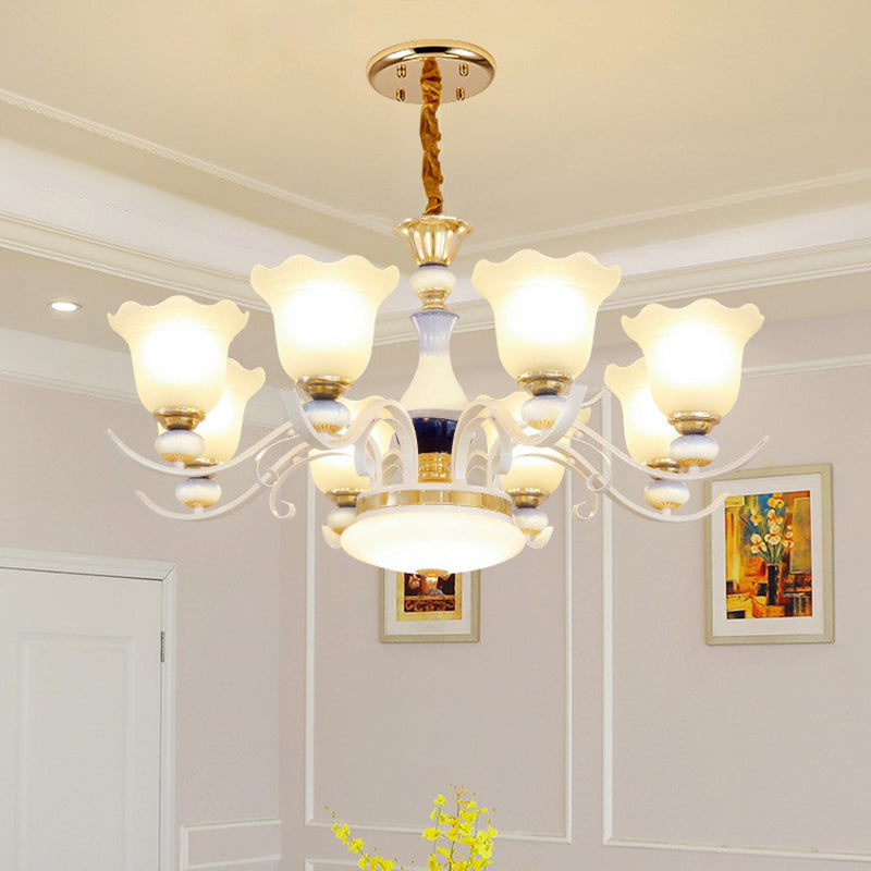 Hanging Chandelier Vintage Living Room Pendant Light with Flower Frosted Glass Shade in White