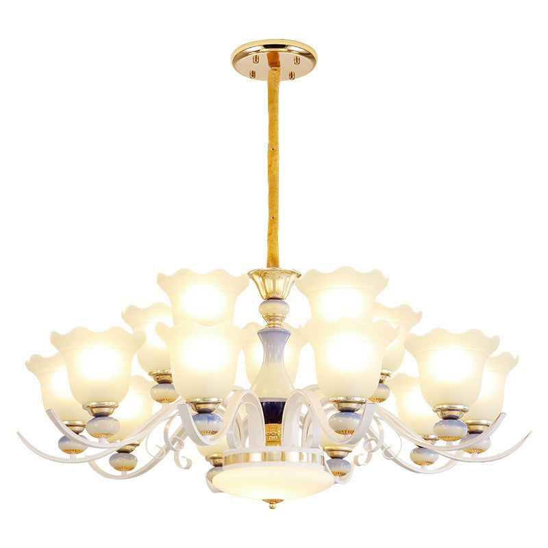 Hanging Chandelier Vintage Living Room Pendant Light with Flower Frosted Glass Shade in White