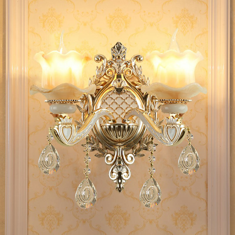 Jade Wall Mount Light Traditional Beige Flower Corridor Wall Sconce with Crystal Drop