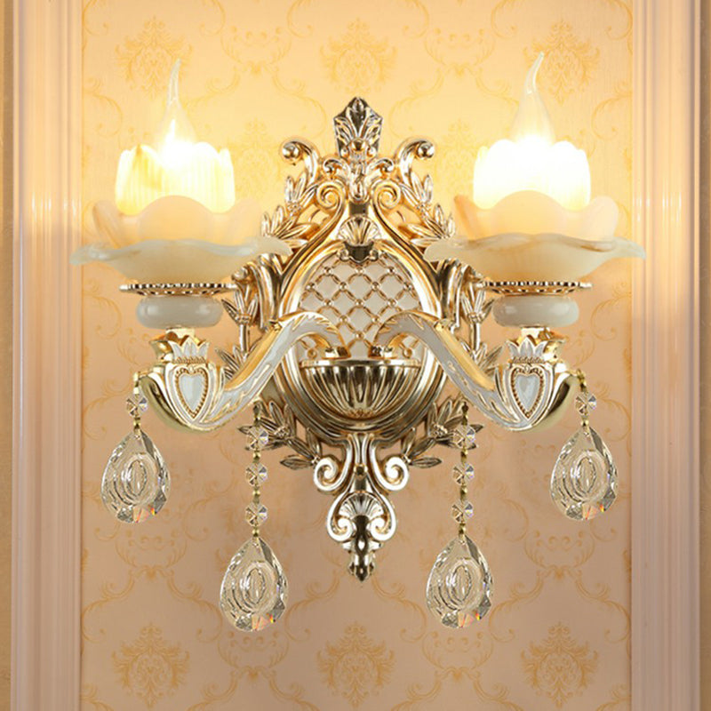 Jade Wall Mount Light Traditional Beige Flower Corridor Wall Sconce with Crystal Drop