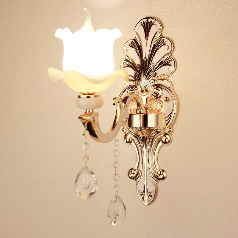 Silver Finish Wall Light Vintage Frosted Glass Blossom Sconce Lighting with Crystal Deco