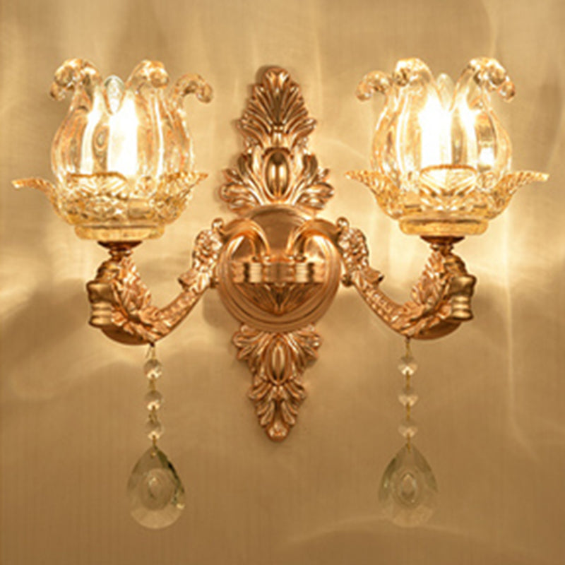 Floral Glass Wall Lighting Fixture Traditional 2-Light Corridor Wall Mount Lamp in Gold