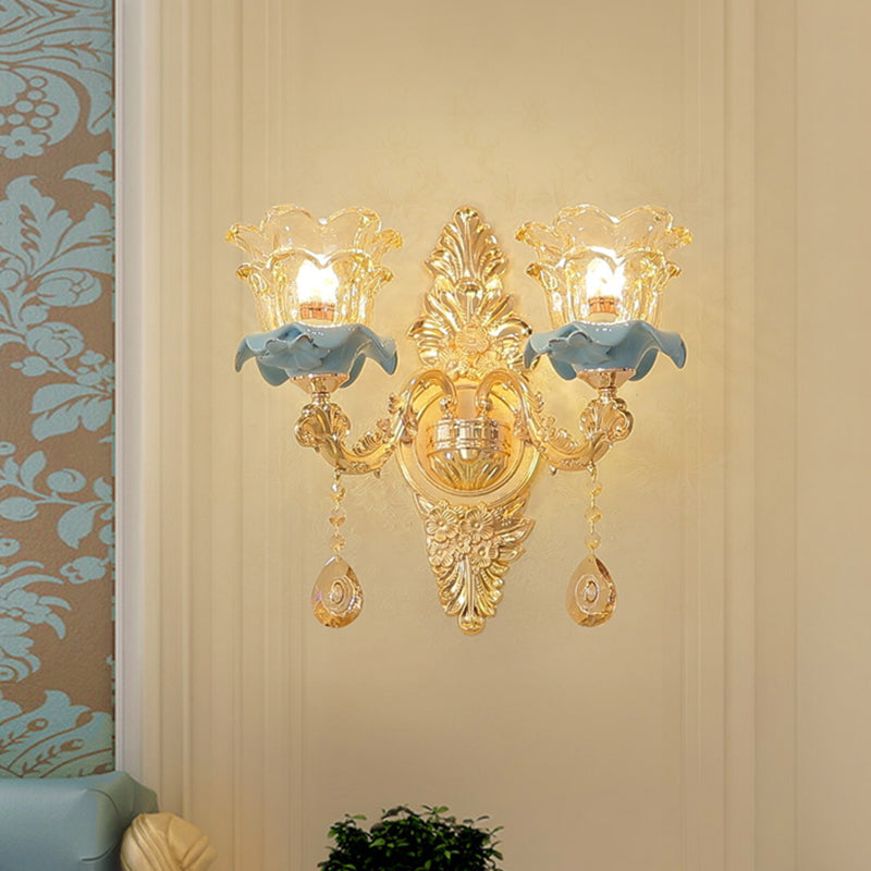 Bloemen glazen wandverlichting armatuur traditionele 2-lichte gang wandmontage lamp in goud