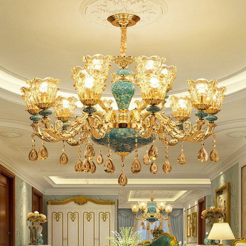 Luxe traditionele bloem omhoog kroonluchter helder glazen ophanging licht in blauw met kristallen druppels