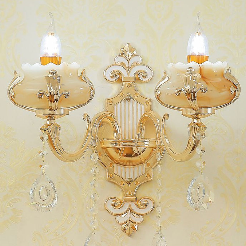 Beige Candle Wall Sconce Light Classic Faux Jade Glass Bedroom Wall Lighting Fixture